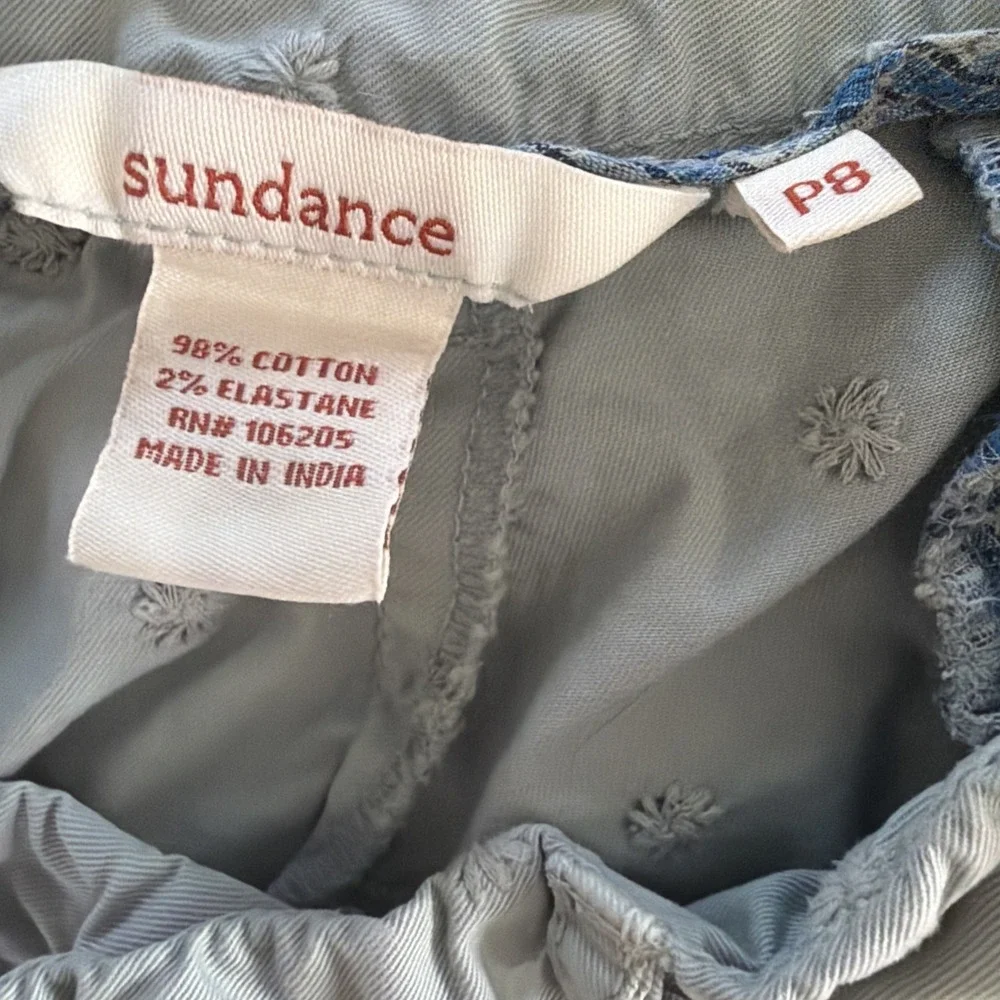 Sundance Pants Sz P8 Light Green Embroidered Floral Tone on Tone Cotton Chino